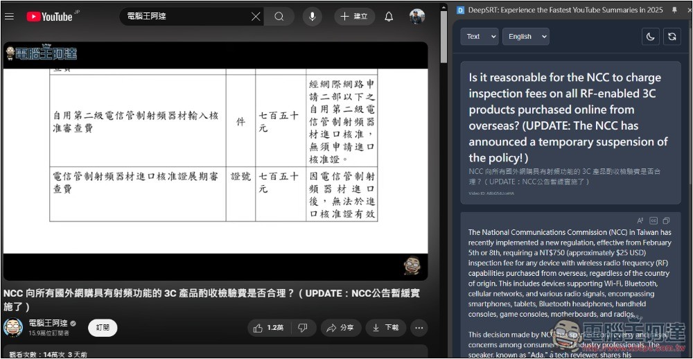 DeepSRT 標榜提供最快 YouTube 影片摘要的免費擴充功能 - 電腦王阿達