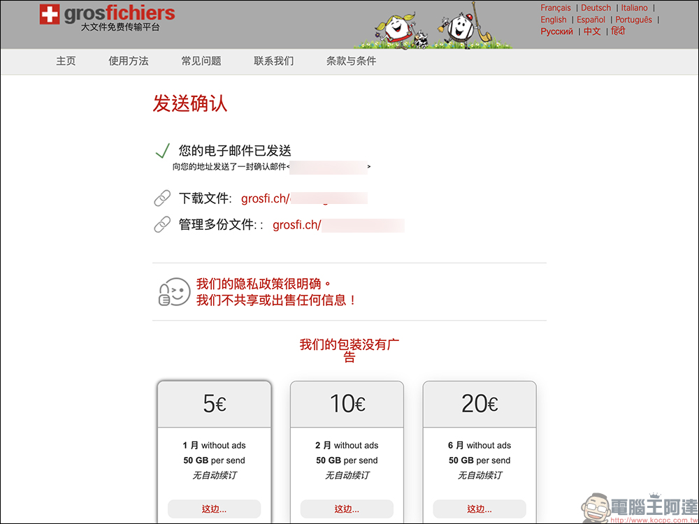 GrosFichiers：免費 10 GB 檔案傳輸，免註冊、安全隱私保護 - 電腦王阿達