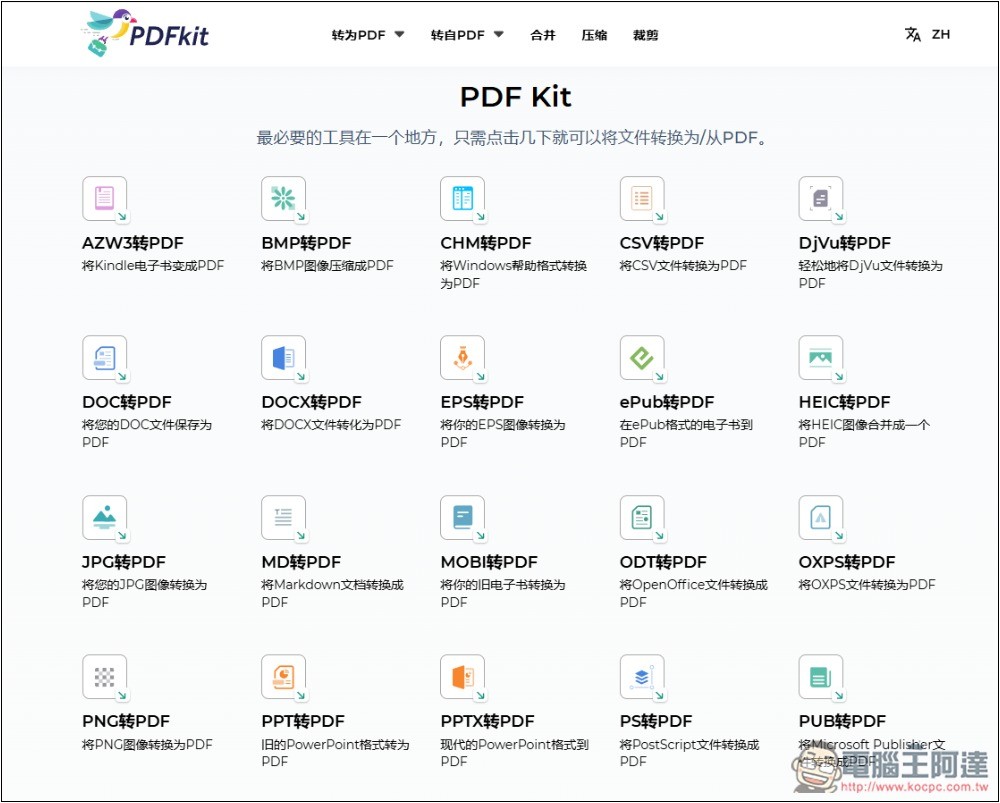 PDF Kit 支援 28 種檔案格式轉換，含電子書，還提供合併、壓縮等功能 - 電腦王阿達