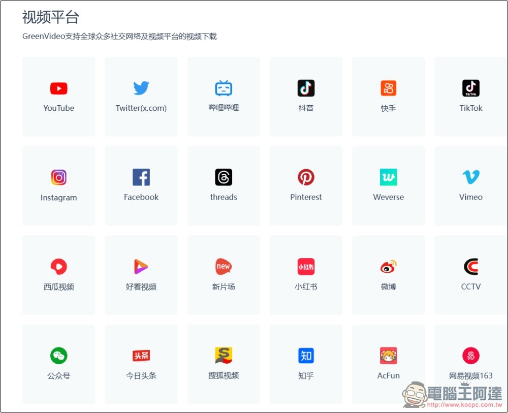 GreenVideo 支援超過 1,000 個影音平台，抖音、YT、B 站、小紅書等都能下載 - 電腦王阿達